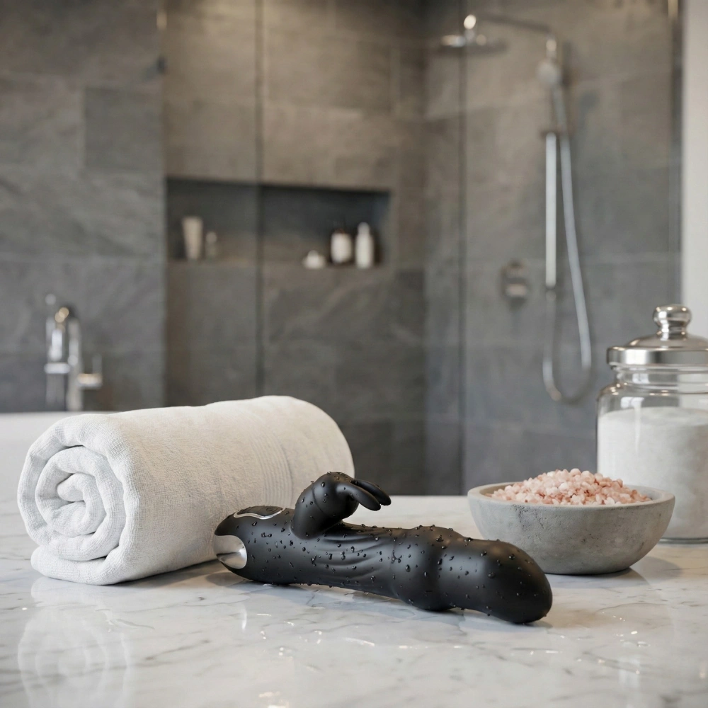 Sextoy rabbit rotatif étanche posé sur un marbre de salle de bain avec serviette.