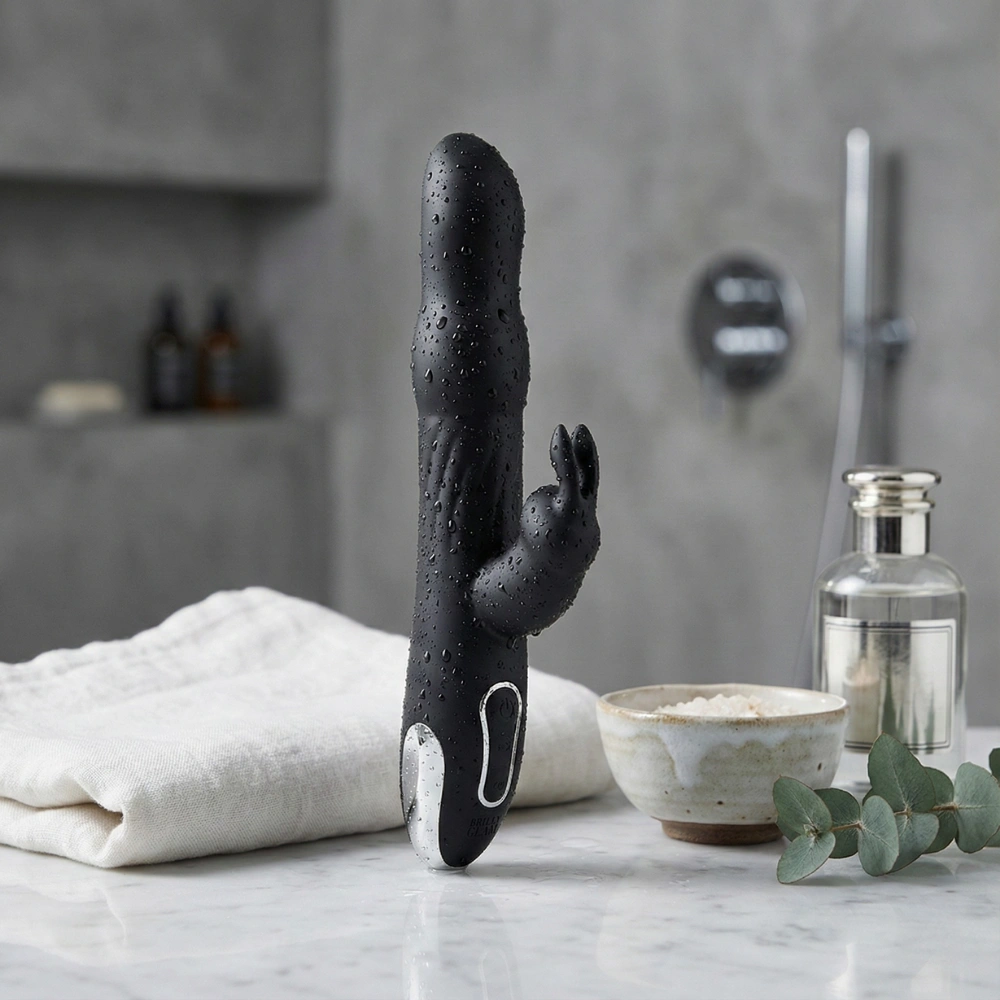 Vibromasseur point G rotatif et clitoridien haut de gamme dans un décor de spa.