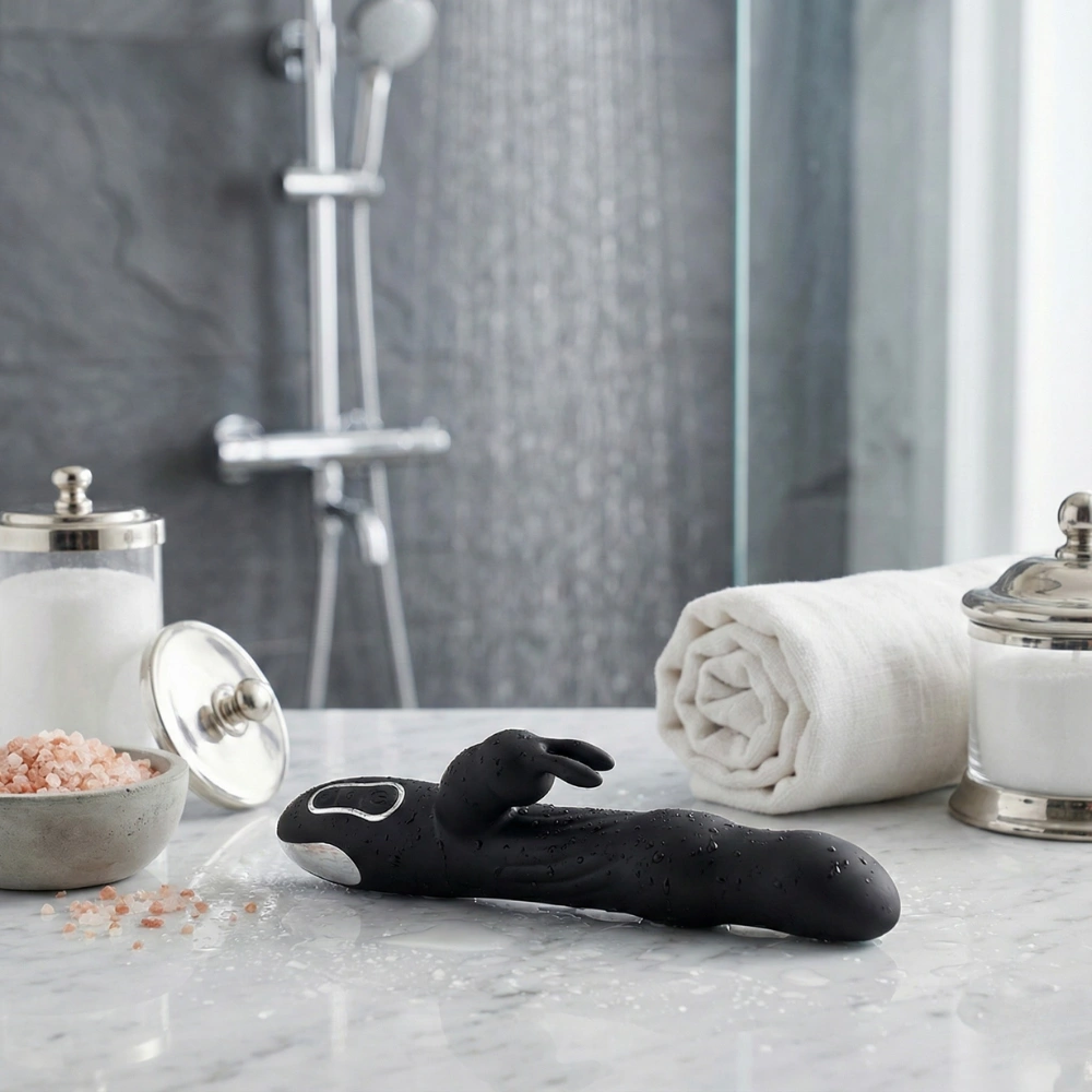 Vibromasseur rabbit à billes tournantes à côté de sels de bain et éponge naturelle.