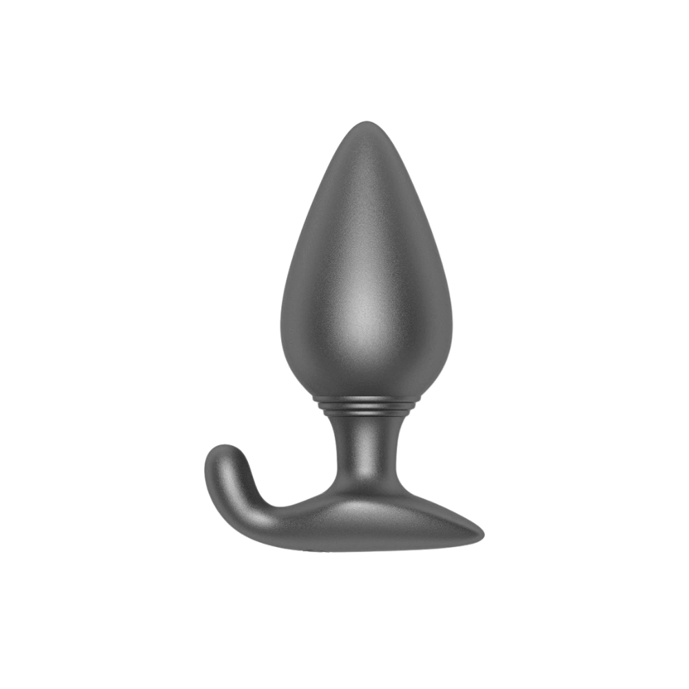 Plug anal vibrant connecté Oninder en silicone noir avec base en crochet ergonomique.