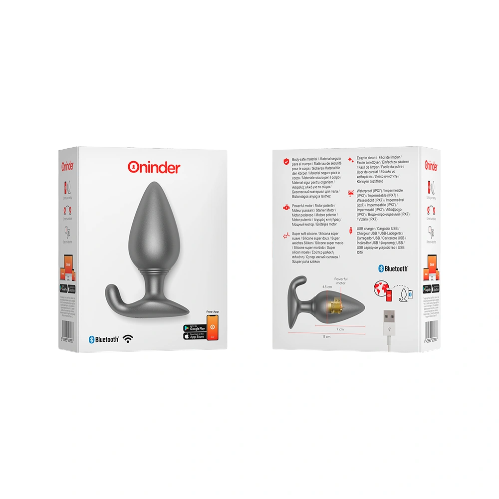 Coffret plug anal Bluetooth Oninder compatible avec application smartphone iOS et Android.
