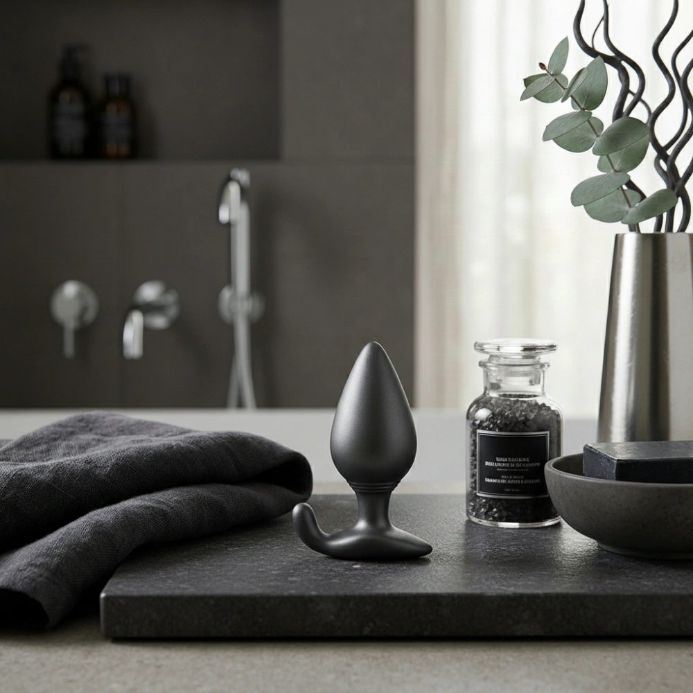 Plug anal vibrant étanche Oninder posé sur un plateau en marbre avec sels de bain.