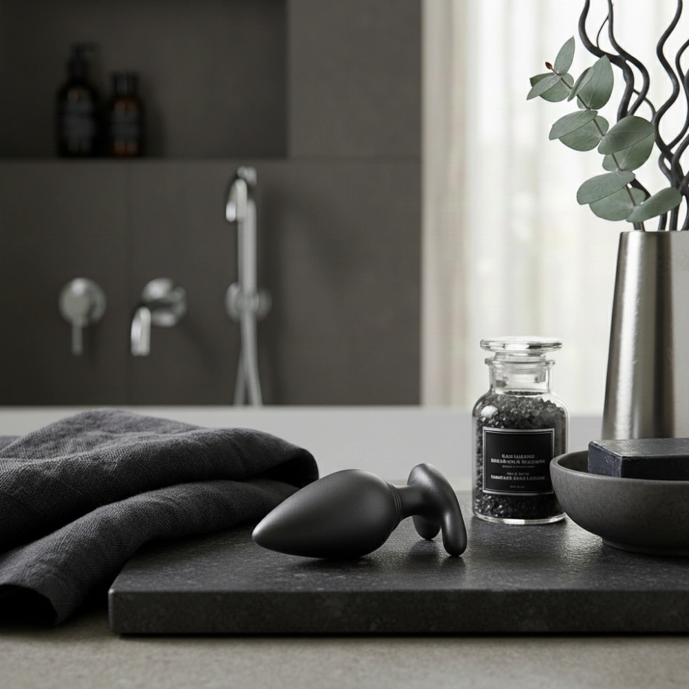 Plug anal vibrant de luxe en silicone médical dans un décor de relaxation et bien-être.