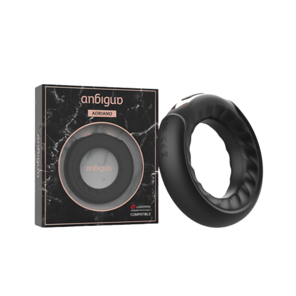 Coffret et packaging de l'anneau vibrant Adriano Ambiguo pour homme.