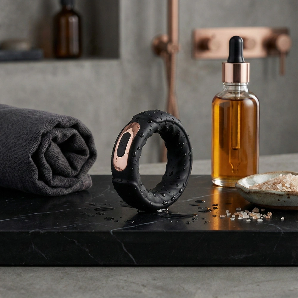 Sextoy pour homme Adriano posé dans une salle de bain avec gouttes d'eau.