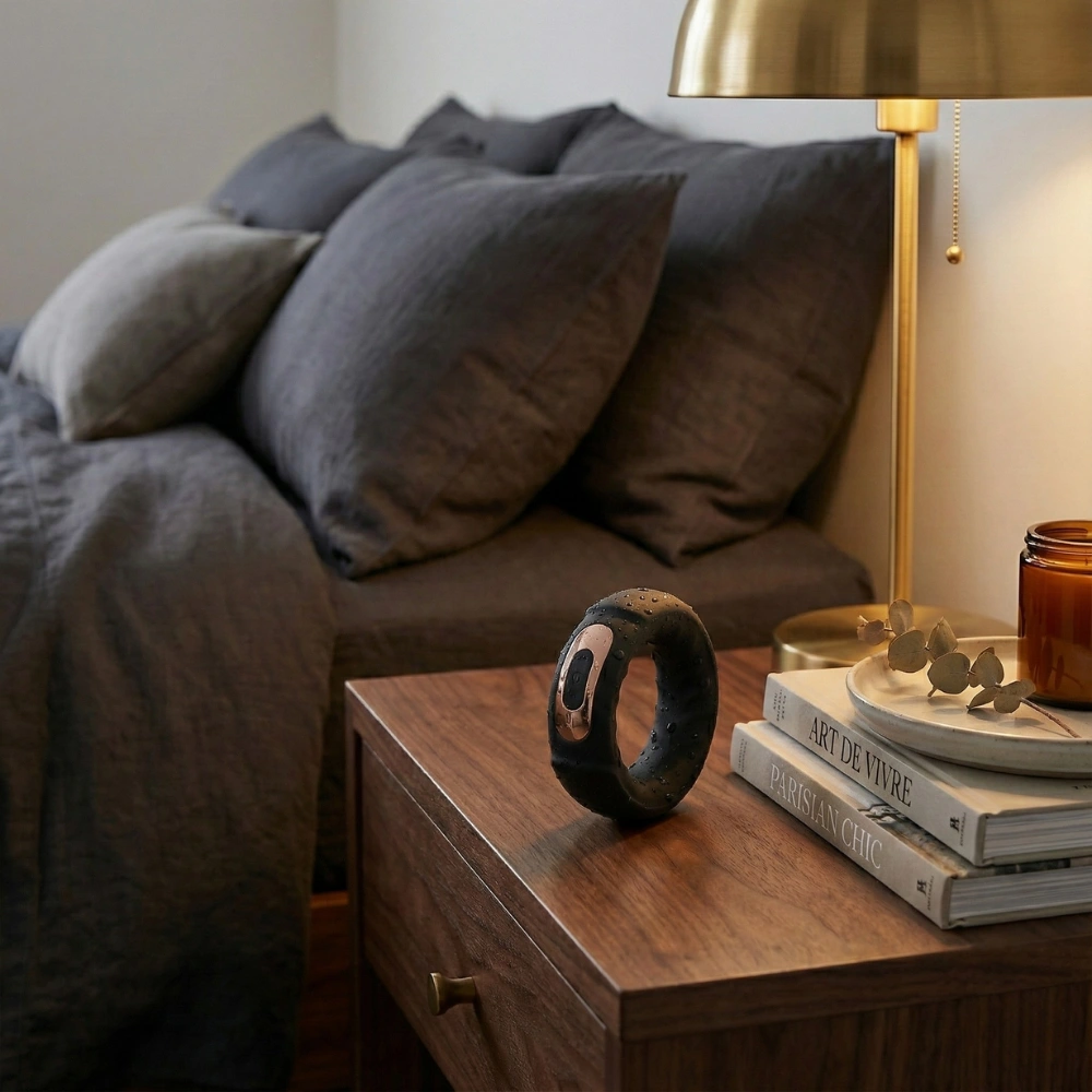 Anneau vibrant discret posé sur une table de chevet en bois dans une chambre.