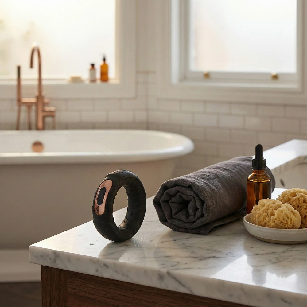 Anneau vibrant étanche Adriano Ambiguo sur le rebord d'une baignoire blanche.