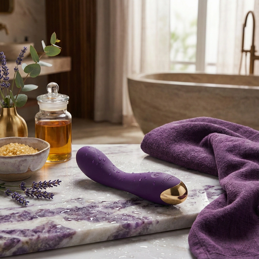 Masseur point G de luxe posé sur marbre avec huiles de massage.