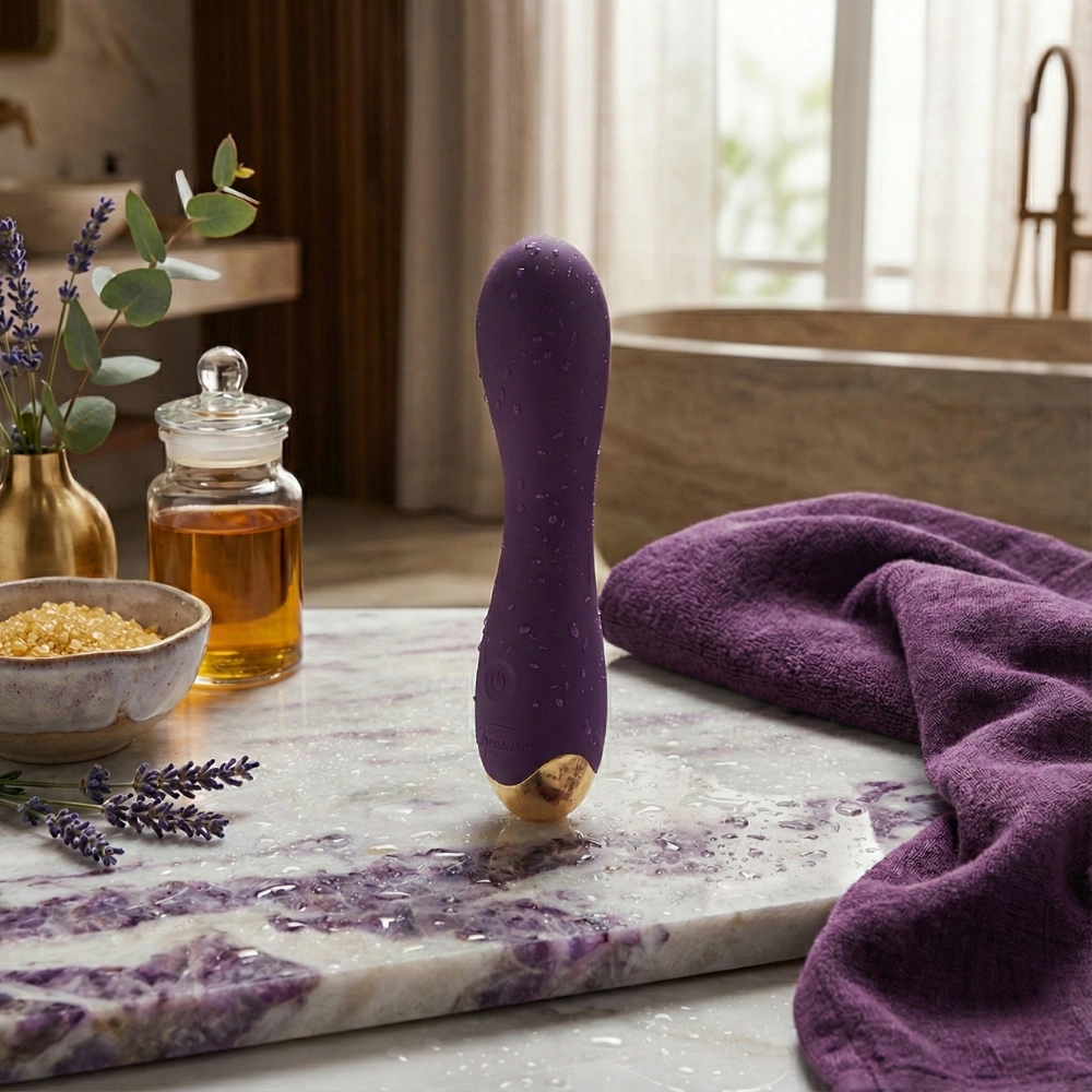 Vibromasseur point G étanche dans une salle de bain moderne et chic.