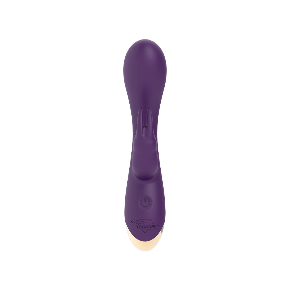 Design ergonomique du petit vibromasseur rabbit violet avec base dorée élégante.