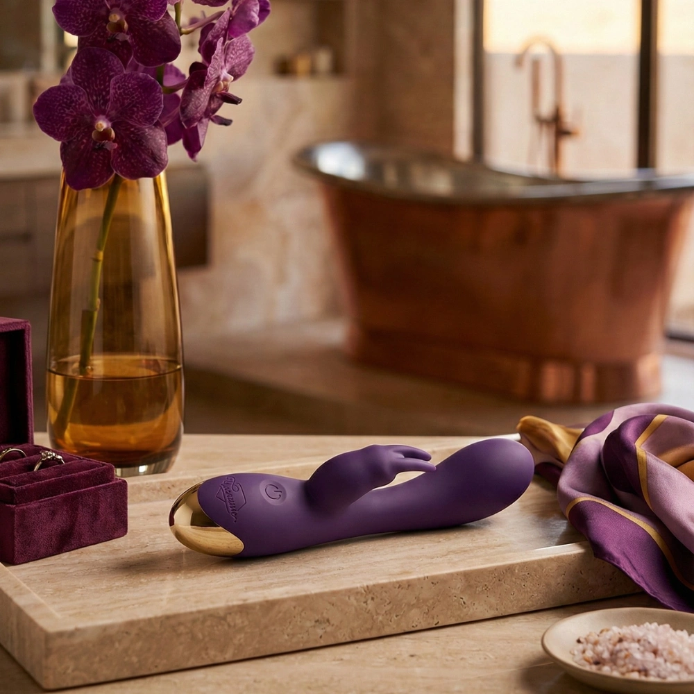 Vibromasseur rabbit discret et étanche posé sur un plateau de salle de bain chic.
