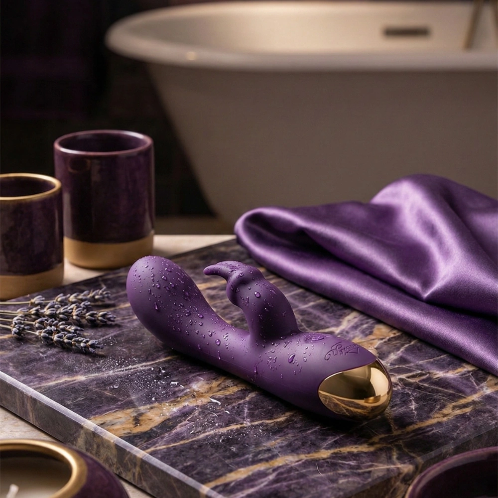 Accessoire de plaisir rabbit compact violet dans un décor de bain luxueux.