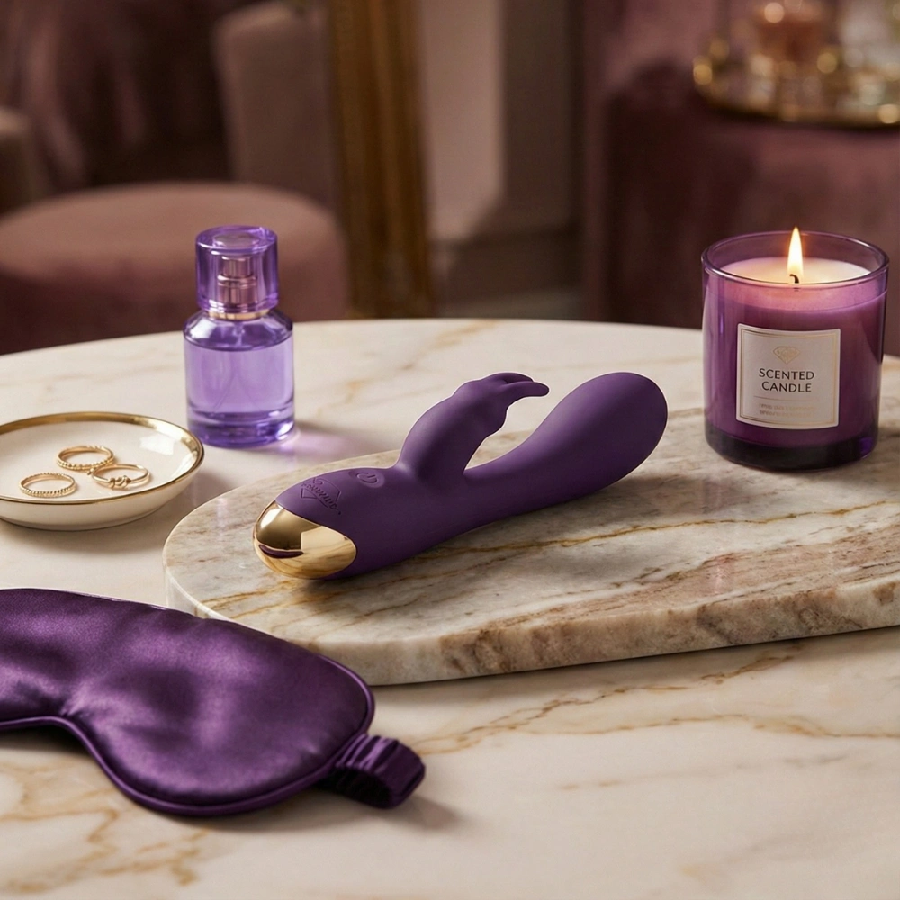 Petit sextoy rabbit violet sur une table de chevet avec un masque de nuit en soie.