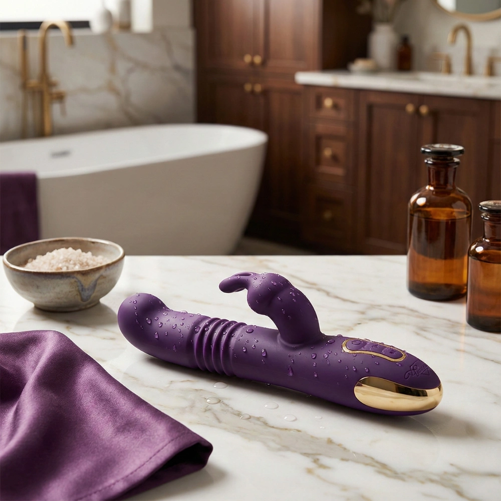 Vibromasseur rabbit étanche Up & Down violet sur marbre avec gouttes d'eau.