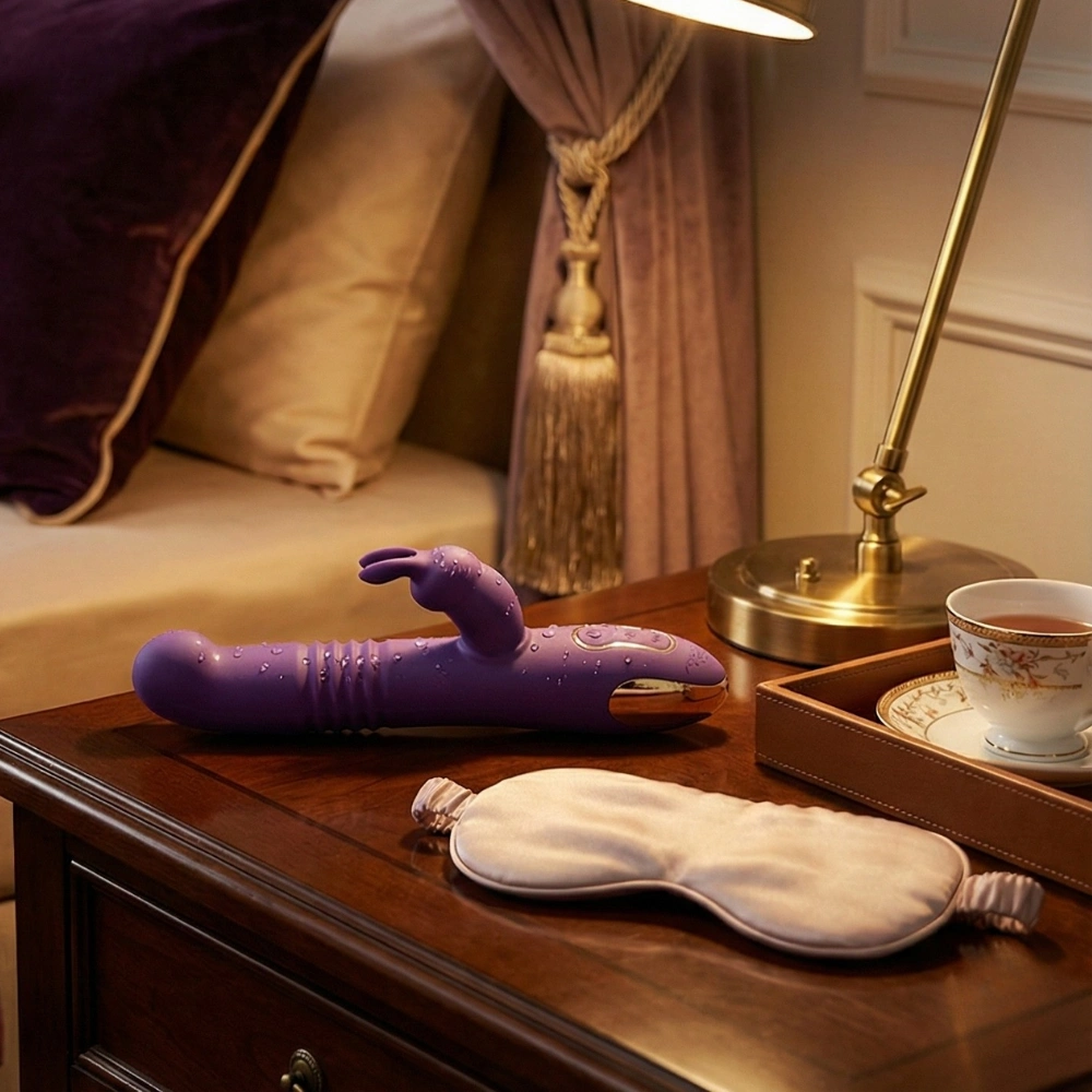 Sextoy de luxe rabbit Up & Down violet à côté d'un masque de nuit en soie.