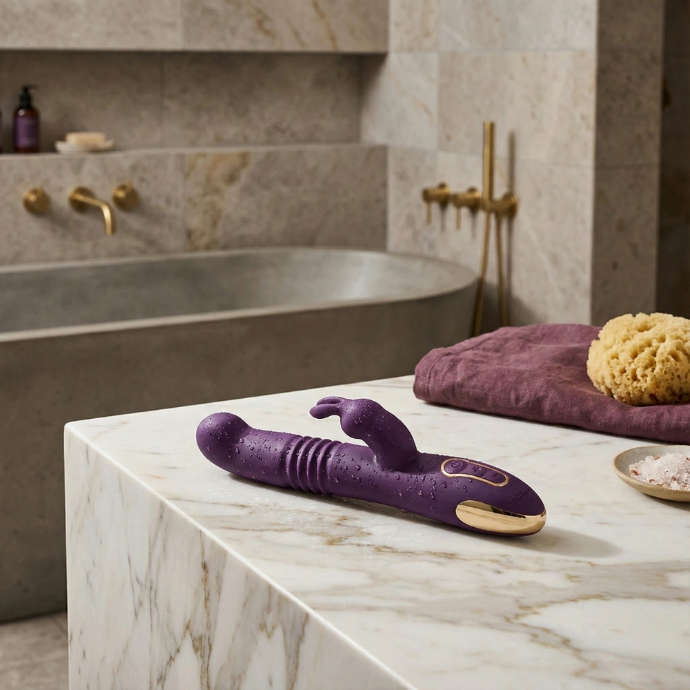 Masseur rabbit haut de gamme Up & Down violet dans un décor de salle de bain zen.