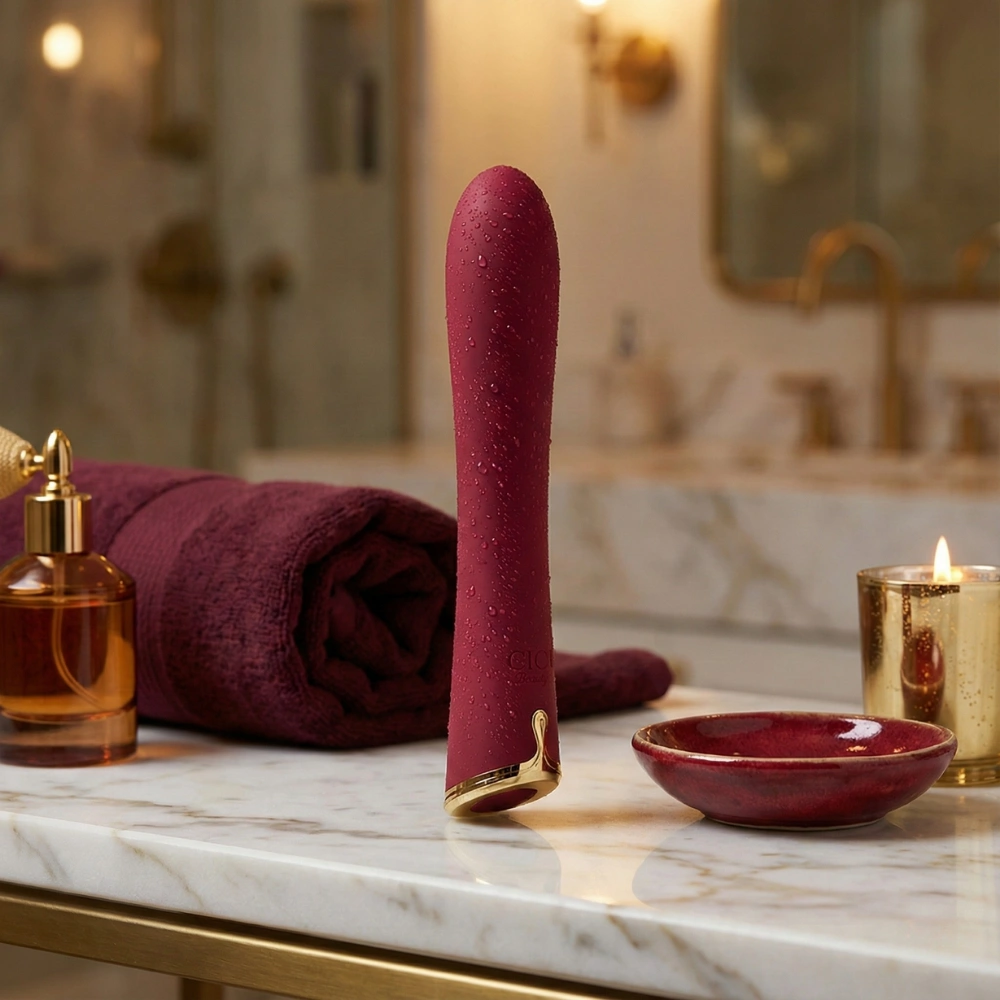 Vibromasseur va-et-vient étanche posé sur un plan en marbre avec bougie.