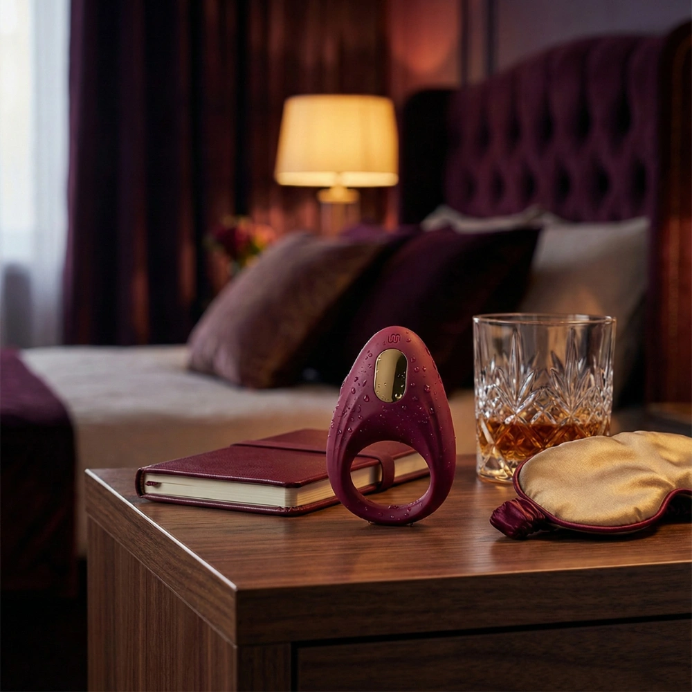 Sextoy de couple discret couleur prune sur une table de chevet avec accessoires.