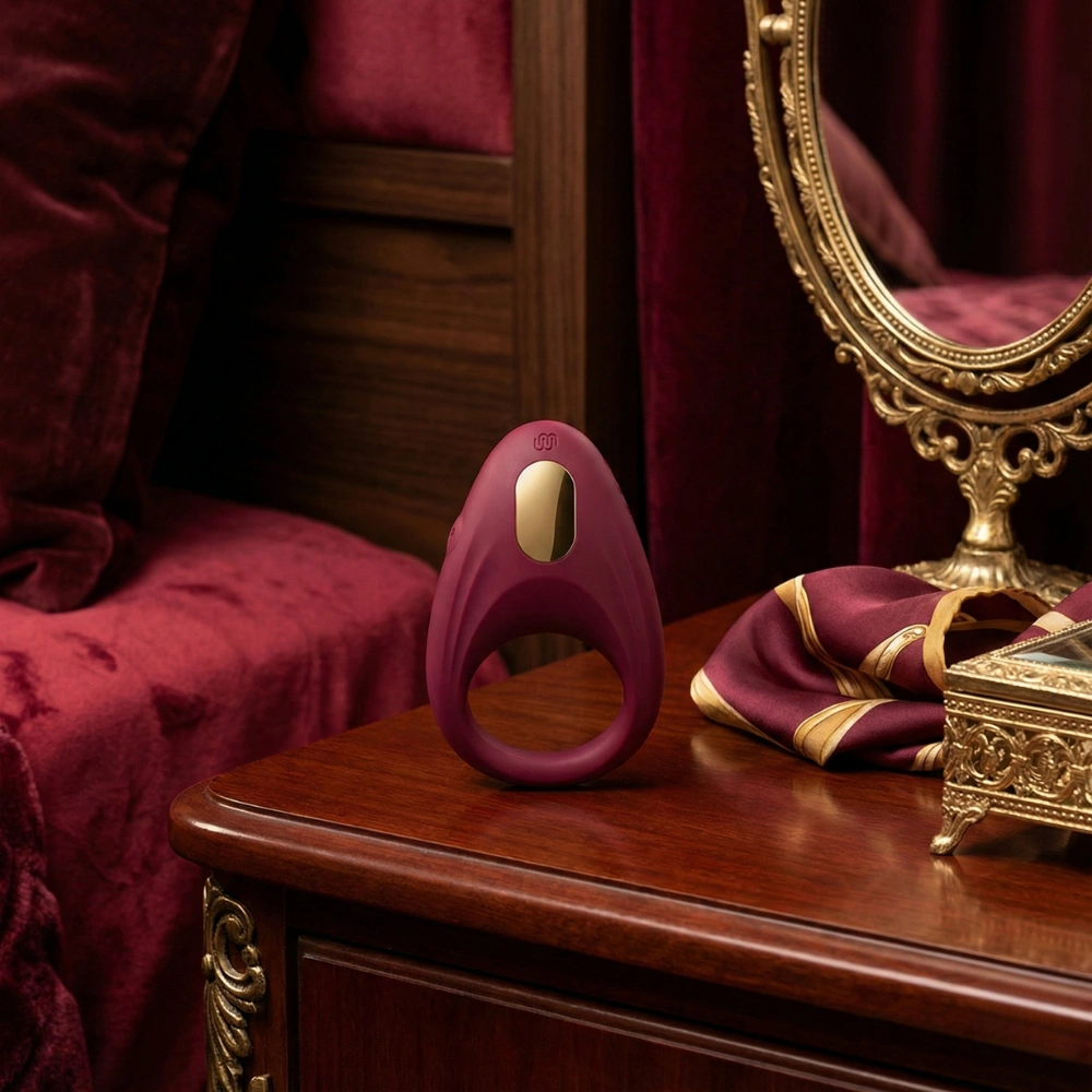 Cockring vibrant haut de gamme dans un décor de chambre luxueuse en velours.