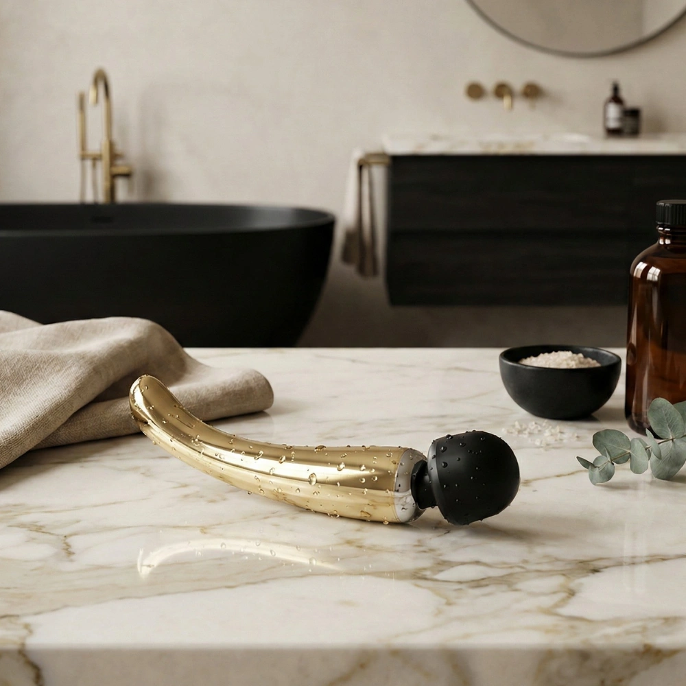 Vibromasseur wand étanche or posé sur un rebord en marbre avec gouttes d'eau.