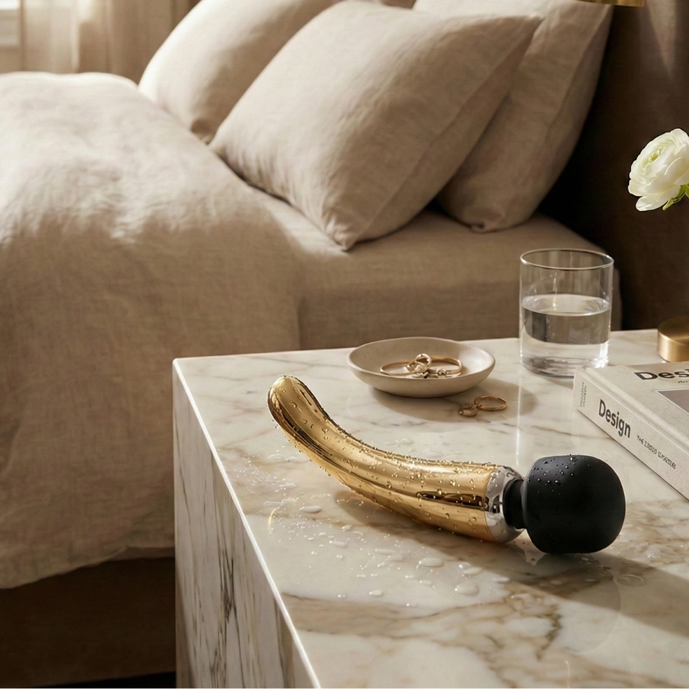 Sextoy de luxe baguette magique or sur une table de chevet en marbre blanc.
