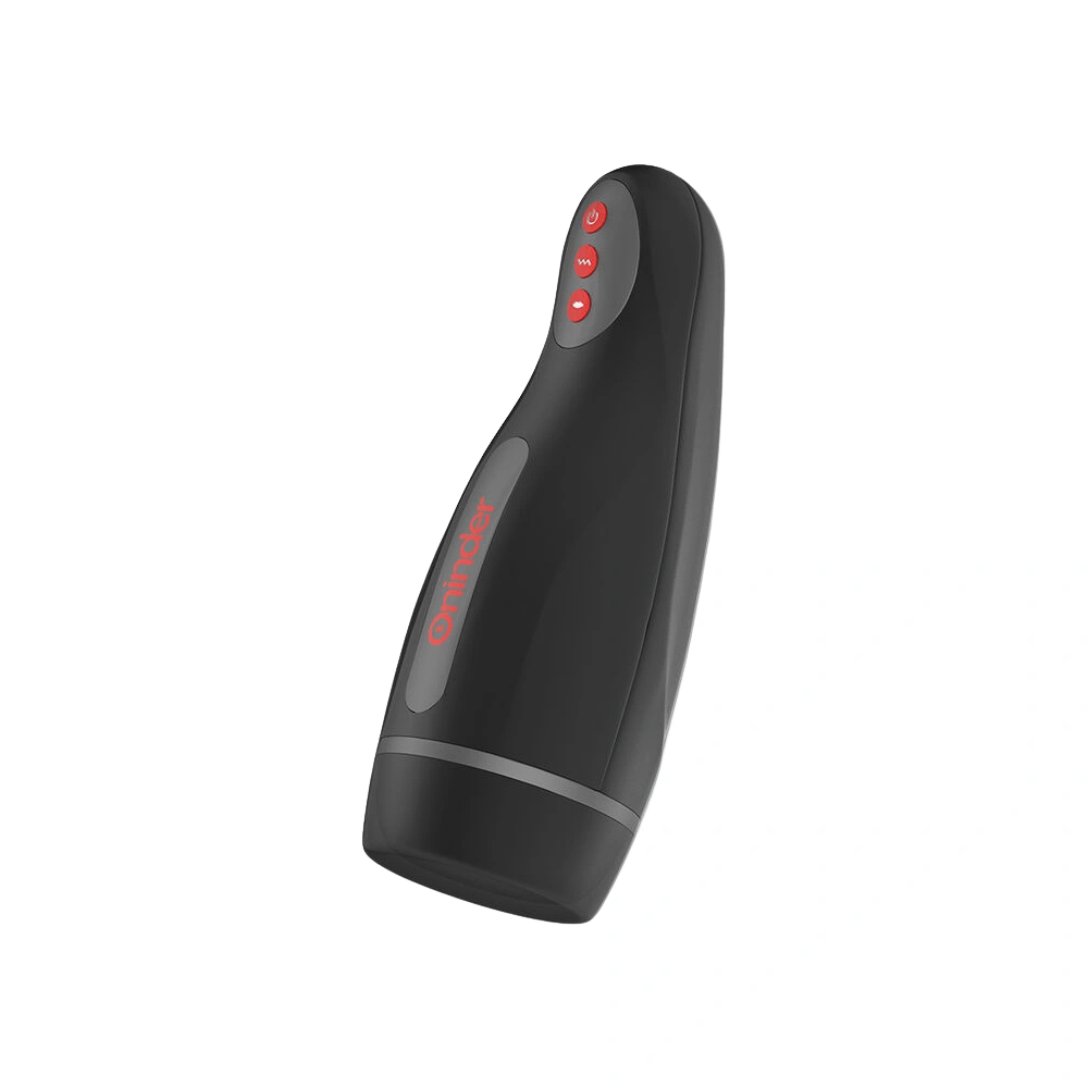 Masturbateur électrique connecté Oninder noir avec boutons de contrôle rouges.