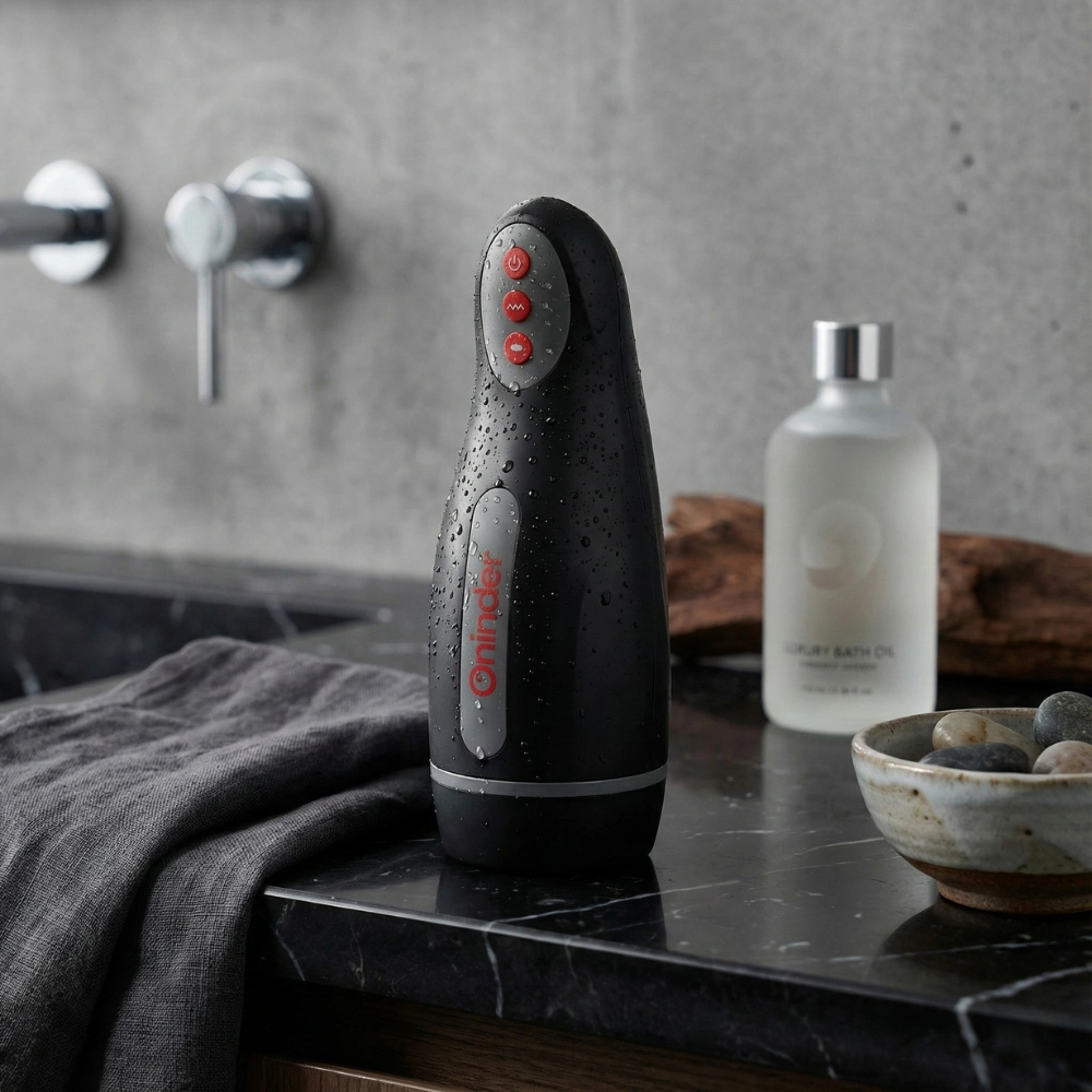 Masturbateur pour homme étanche Oninder avec gouttes d'eau sur marbre noir.