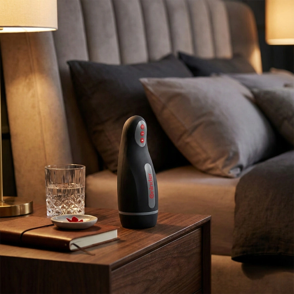 Sextoy connecté pour homme Oninder posé sur une table de chevet moderne.