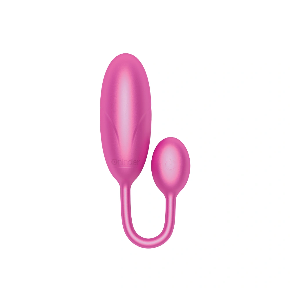 Oeuf vibrant connecté Oninder rose en silicone médical avec queue flexible.